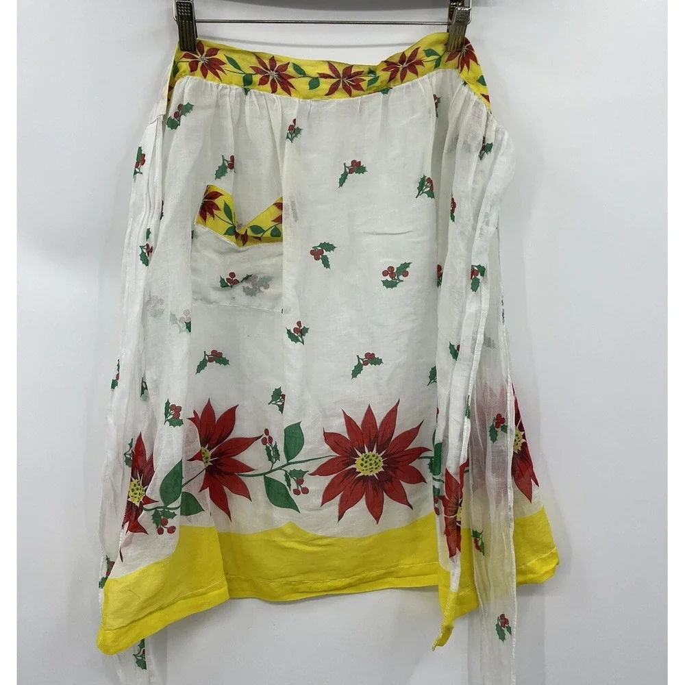 Vintage Christmas Hostess Apron Poinsettias Holly Berries Yellow Trim